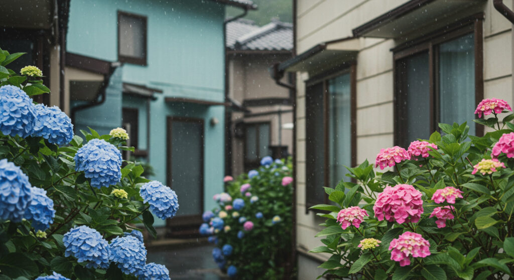 梅雨 住宅 外壁 紫陽花